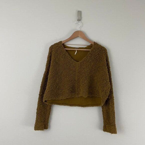 Free People Popcorn Pullover Crop Sweater in Moss Brown Size XS - Picture 1 of 6